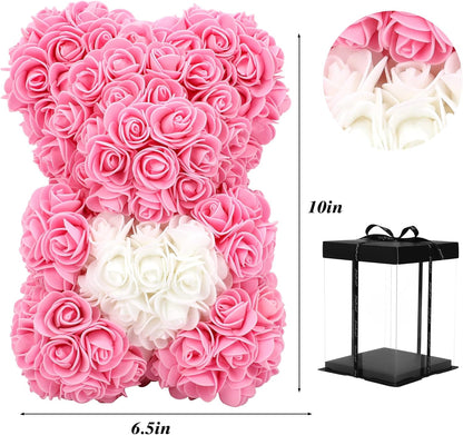 Birthday Gift for Women Rose, 10 Inch Rose Flower Bear Pink Rose Teddy Bear Mothers Day Mom Gifts - Gift for Mom, Girlfriend Gifts, Gifts for Girls & Bridal Showers - with Clear Gift Box (Pink)