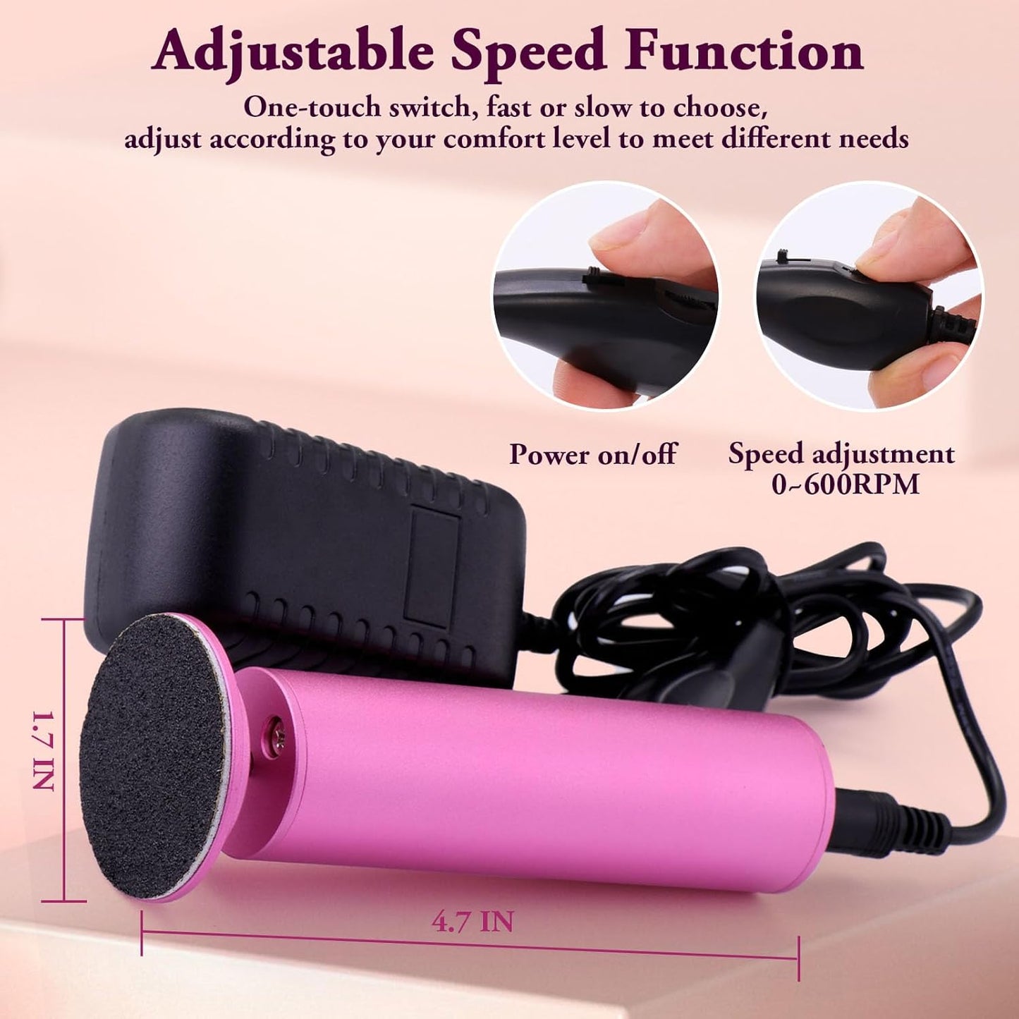 Electric Foot Callus Remover, Adjustable Speed ​​(0-600Rpm), Adjustable Speed Foot Scrubber with 60 Pcs Sandpaper Discs, Electric Callus Remover for Feet,Pedicure Tool for Men and Women,Pink