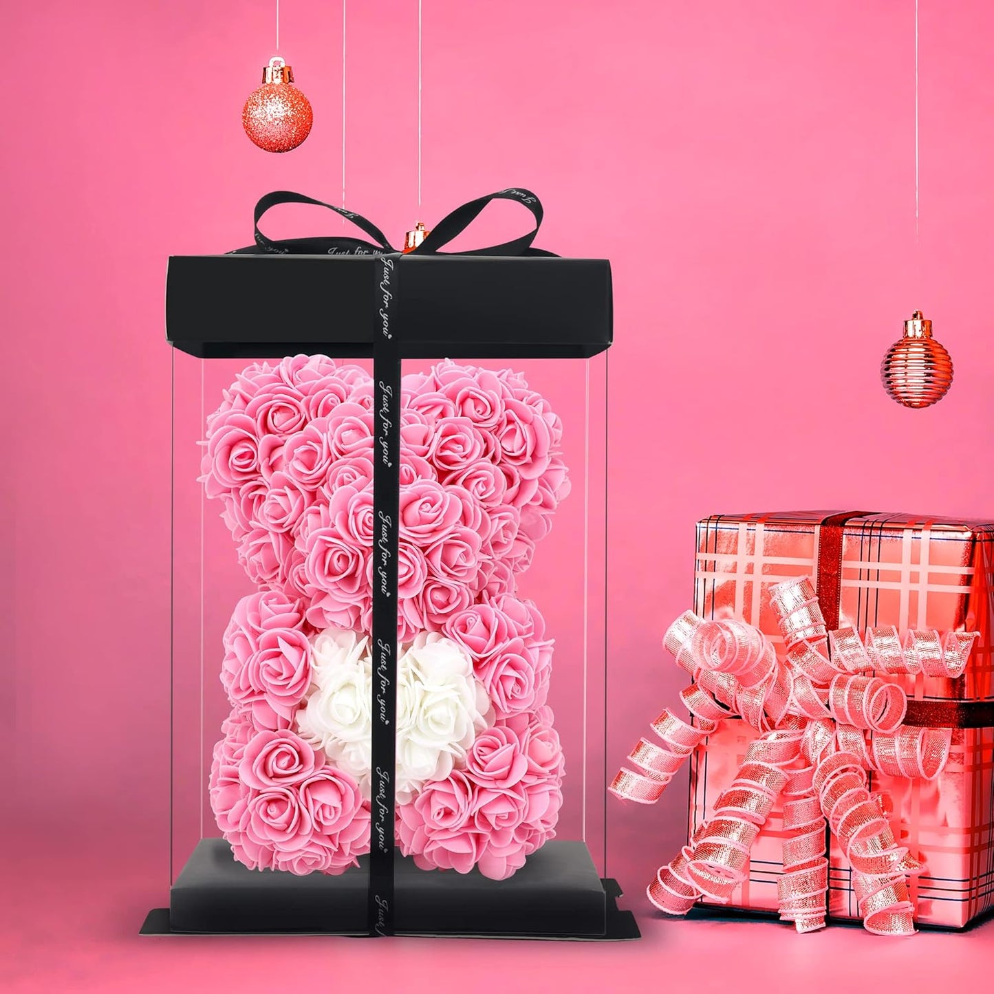 Birthday Gift for Women Rose, 10 Inch Rose Flower Bear Pink Rose Teddy Bear Mothers Day Mom Gifts - Gift for Mom, Girlfriend Gifts, Gifts for Girls & Bridal Showers - with Clear Gift Box (Pink)