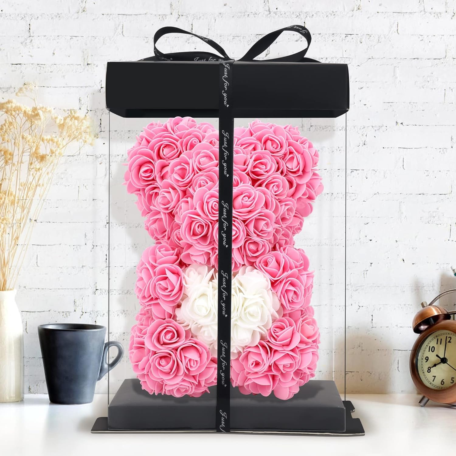 Birthday Gift for Women Rose, 10 Inch Rose Flower Bear Pink Rose Teddy Bear Mothers Day Mom Gifts - Gift for Mom, Girlfriend Gifts, Gifts for Girls & Bridal Showers - with Clear Gift Box (Pink)