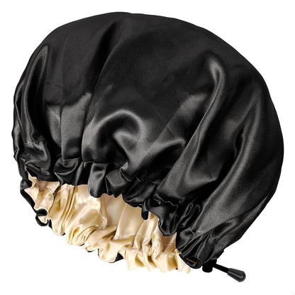 Satin Sleep Cap, Double-Sided Adjustable Bonnet Cap (Black)