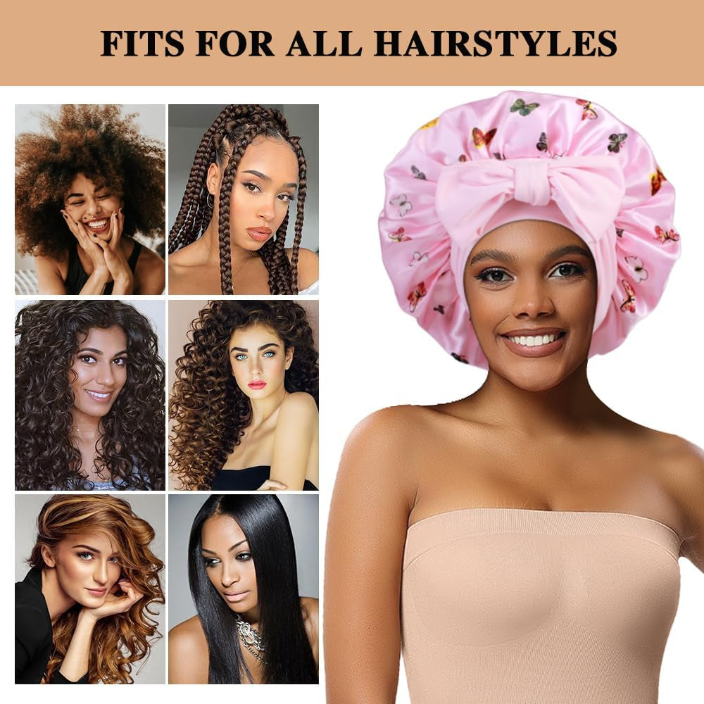 2+3 Large Satin Bonnets with Scrunchies for Women, Hair Bonnet Sleeping Tie Bonnet for Braids Curly Hair