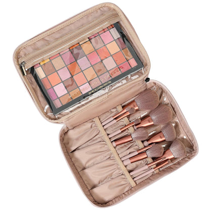 Large Double Layer Travel Makeup Bag Women, Cosmetic Case, Organizer for Travel-Size Accessories Bottles, Brushes, Conditioner, and Skin Care Products, Pink