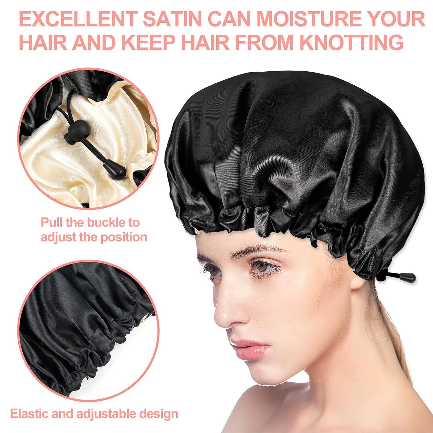 Satin Sleep Cap, Double-Sided Adjustable Bonnet Cap (Black)