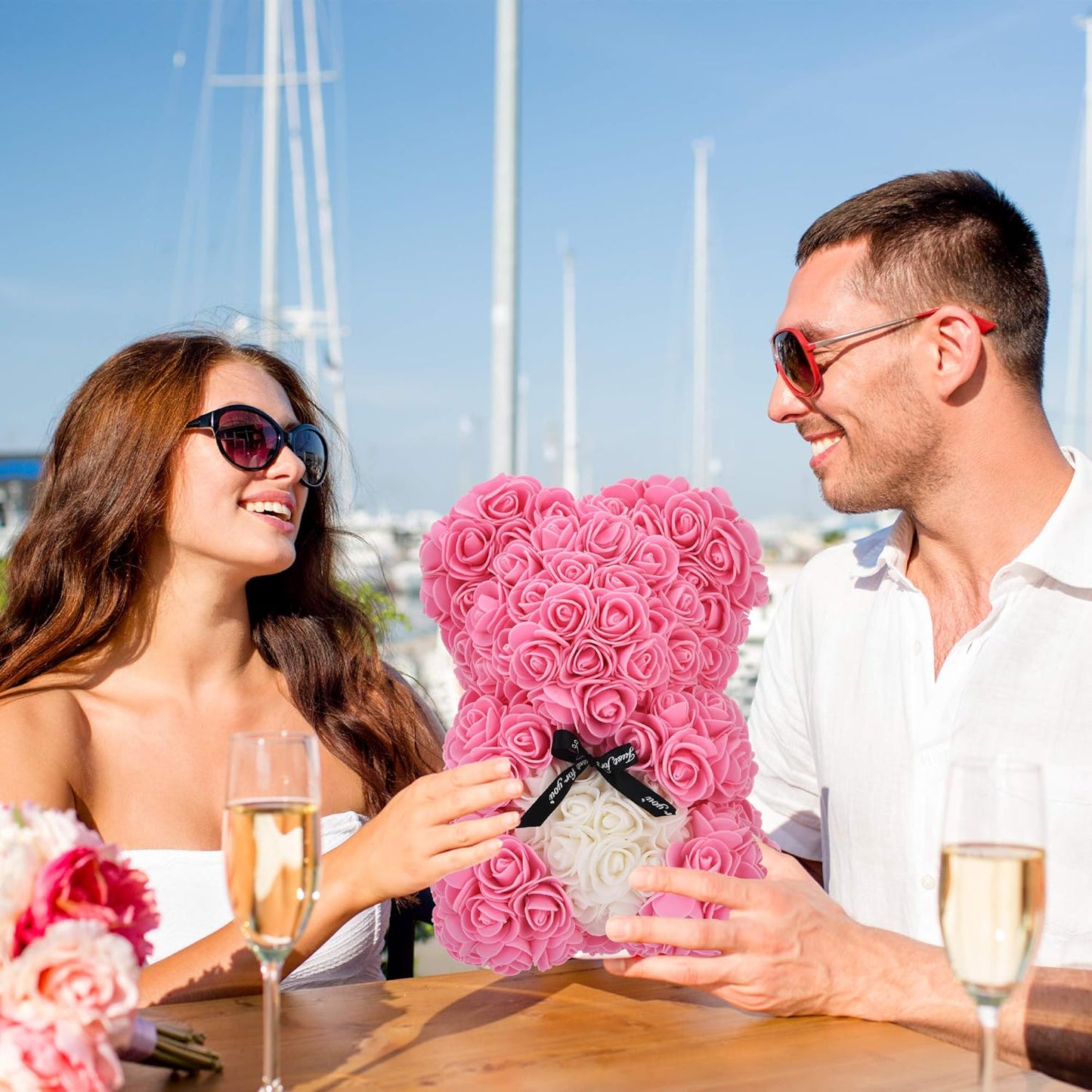 Birthday Gift for Women Rose, 10 Inch Rose Flower Bear Pink Rose Teddy Bear Mothers Day Mom Gifts - Gift for Mom, Girlfriend Gifts, Gifts for Girls & Bridal Showers - with Clear Gift Box (Pink)